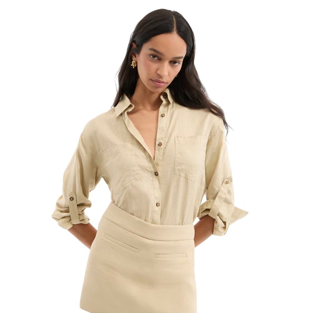 VERONICA BEARD Gil Linen Shirt Stone Khaki Oversized Button-Down $368 EUC M